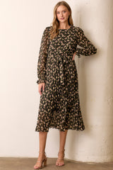 Black Floral Chiffon Long Sleeve Pleated Midi Dress