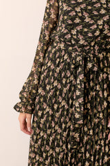 Black Floral Chiffon Long Sleeve Pleated Midi Dress