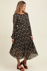 Black Floral Chiffon Long Sleeve Pleated Maternity Midi Dress