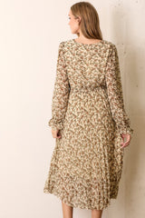 Cream Floral Chiffon Long Sleeve Pleated Midi Dress