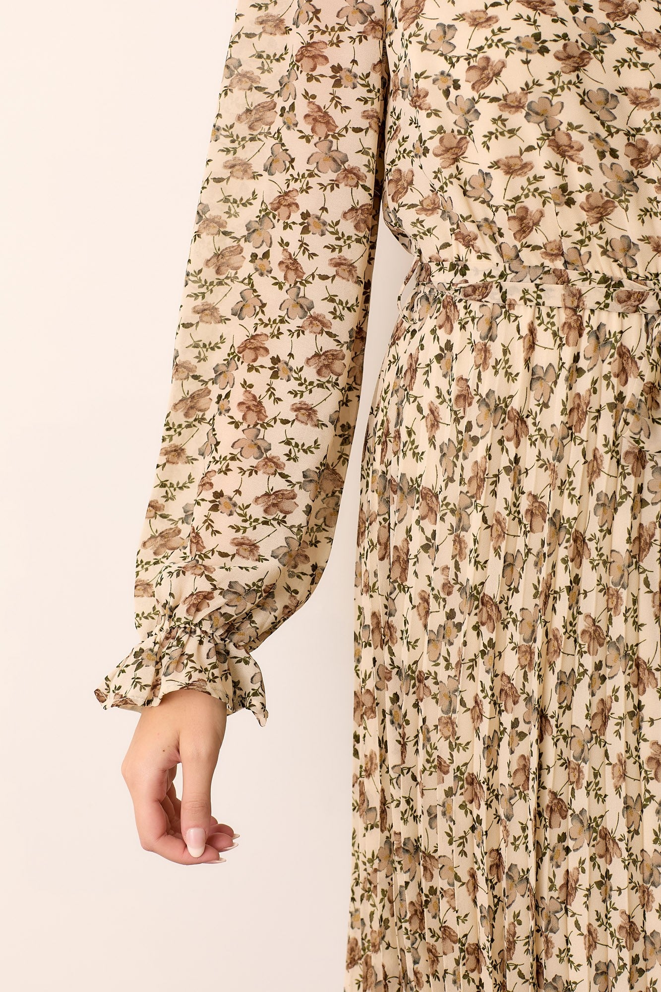 Cream Floral Chiffon Long Sleeve Pleated Midi Dress – PinkBlush