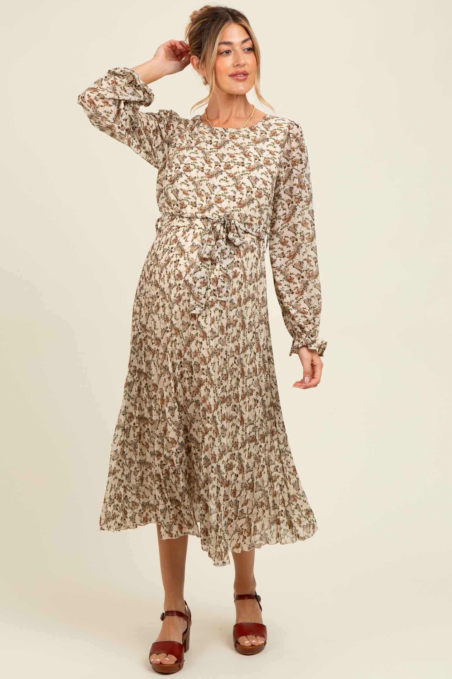 Cream Floral Chiffon Long Sleeve Pleated Maternity Midi Dress