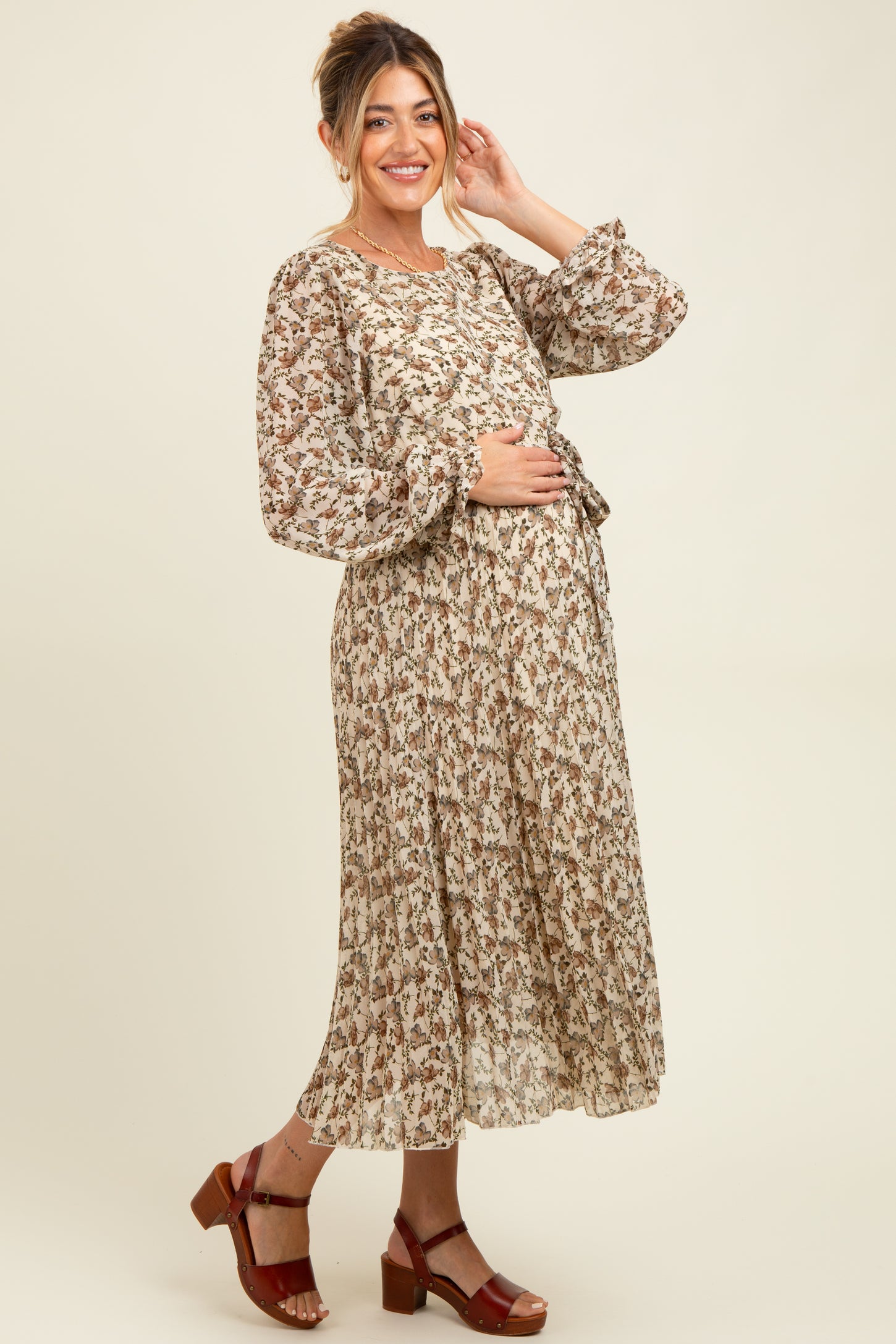 Cream Floral Chiffon Long Sleeve Pleated Maternity Midi Dress Cream Floral Chiffon Long Sleeve Pleated Maternity Midi Dress