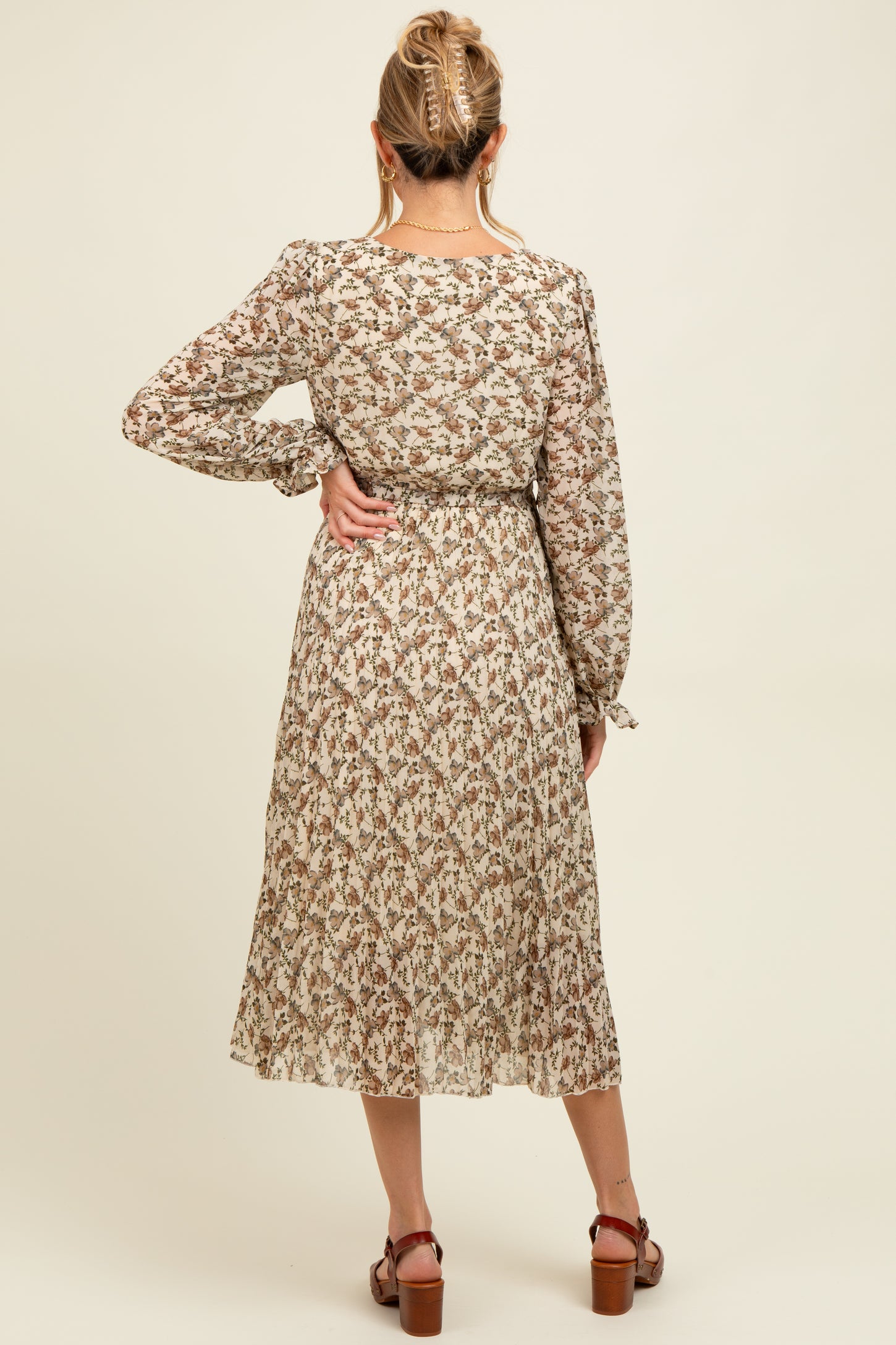 Cream Floral Chiffon Long Sleeve Pleated Maternity Midi Dress Cream Floral Chiffon Long Sleeve Pleated Maternity Midi Dress