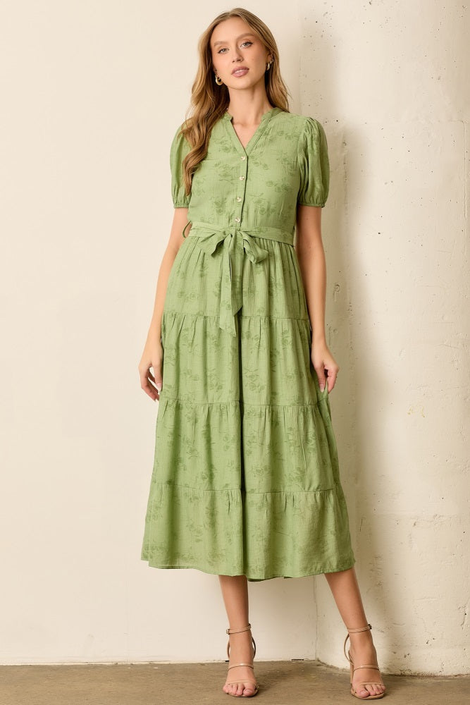 Green Floral Button Front Tiered Midi Dress