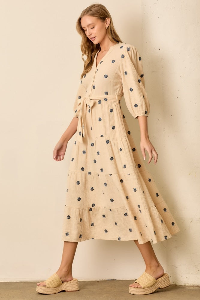 Cream Floral Cotton Gauze Tiered Midi Dress