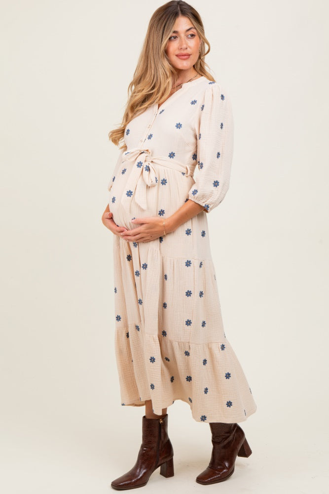 Cream Floral Cotton Gauze Tiered Maternity Midi Dress