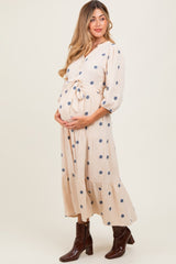 Cream Floral Cotton Gauze Tiered Maternity Midi Dress