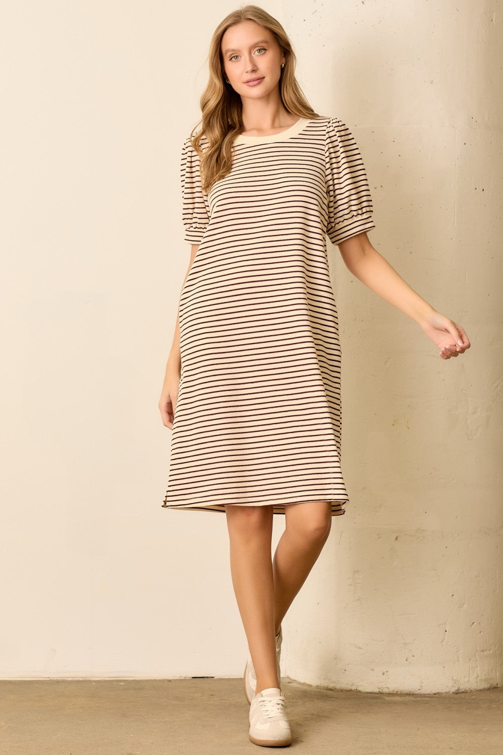 Burgundy Striped Puff Sleeve Midi T-Shirt Dress
