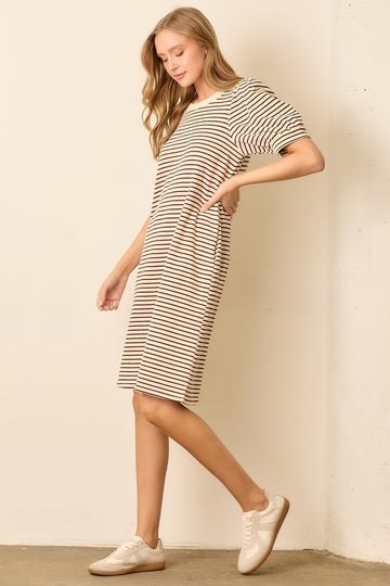 Burgundy Striped Puff Sleeve Midi T-Shirt Dress