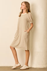 Mocha Striped Puff Sleeve Midi T-Shirt Dress