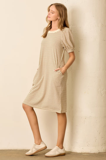 Mocha Striped Puff Sleeve Midi T-Shirt Dress