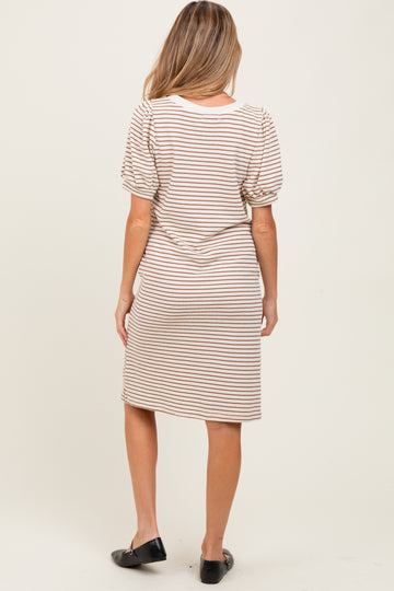 Mocha Striped Puff Sleeve Maternity Midi T-Shirt Dress