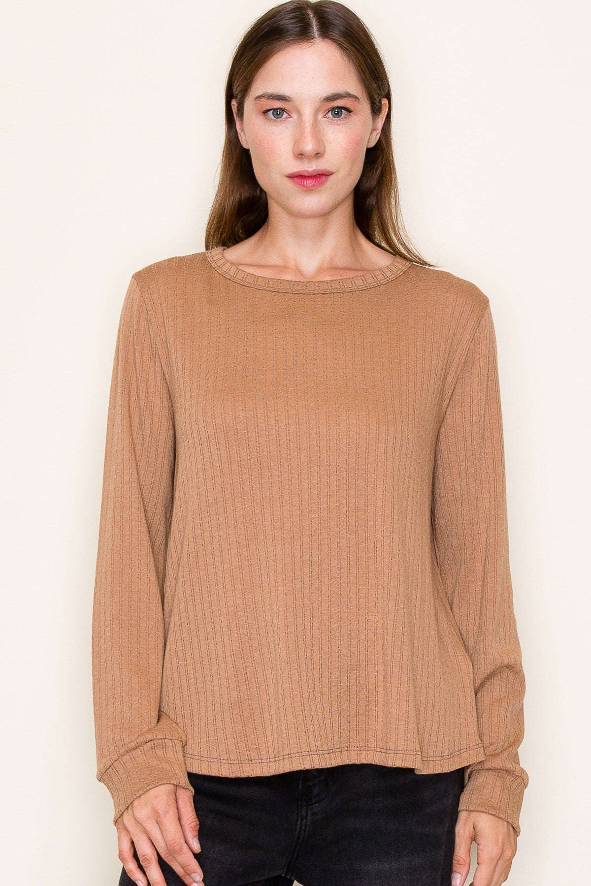 Camel Pointelle Knit Long Sleeve Top