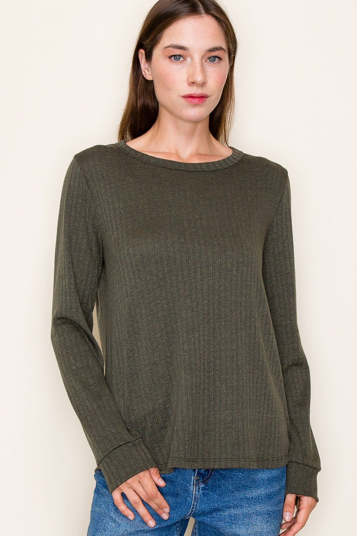 Olive Pointelle Knit Long Sleeve Top