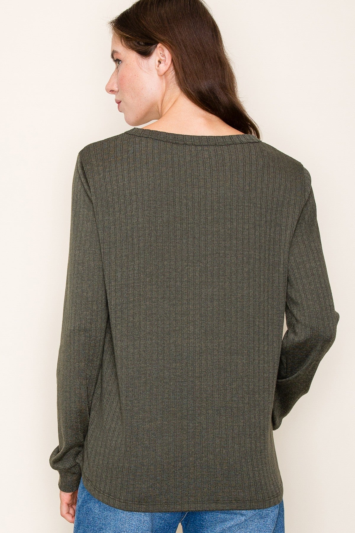 Olive Pointelle Knit Long Sleeve Top