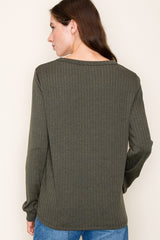 Olive Pointelle Knit Long Sleeve Top