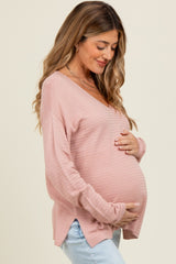 Light Pink Striped Knit Maternity Long Sleeve Top