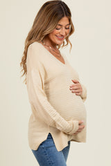 Cream Striped Knit Maternity Long Sleeve Top