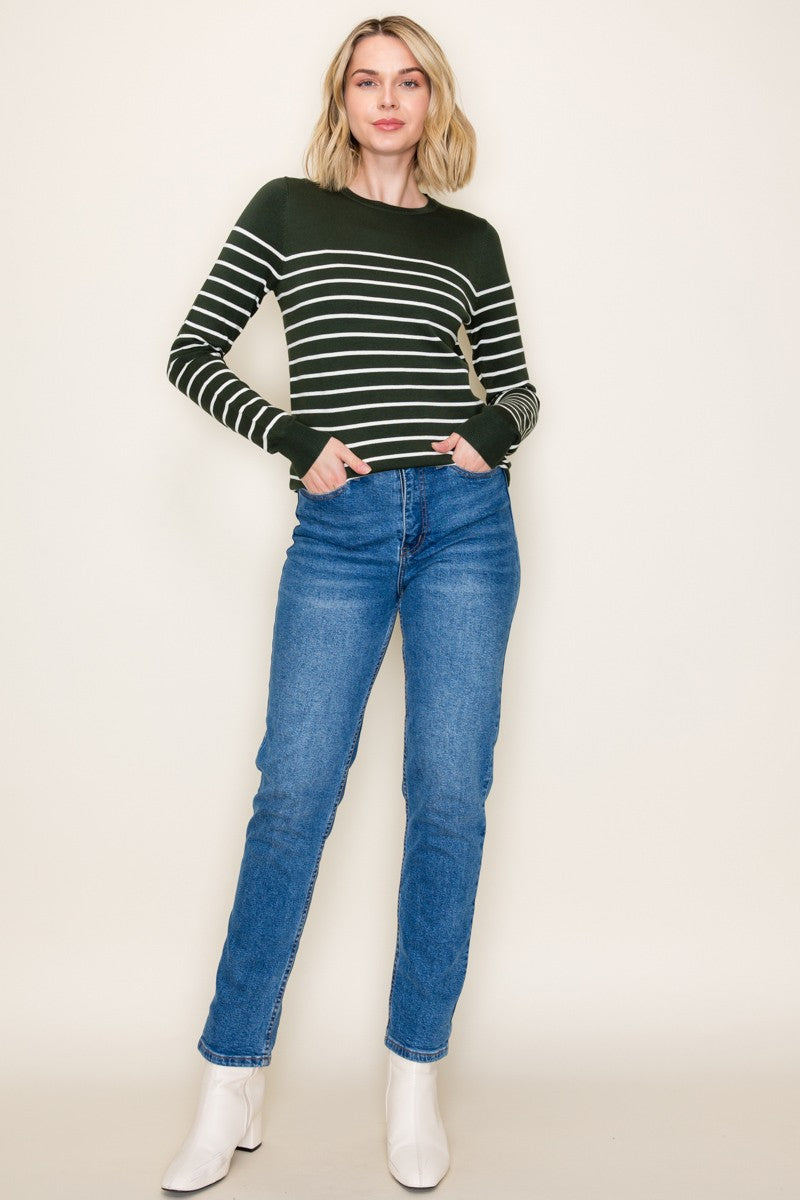 Forest Green Striped Knit Long Sleeve Top