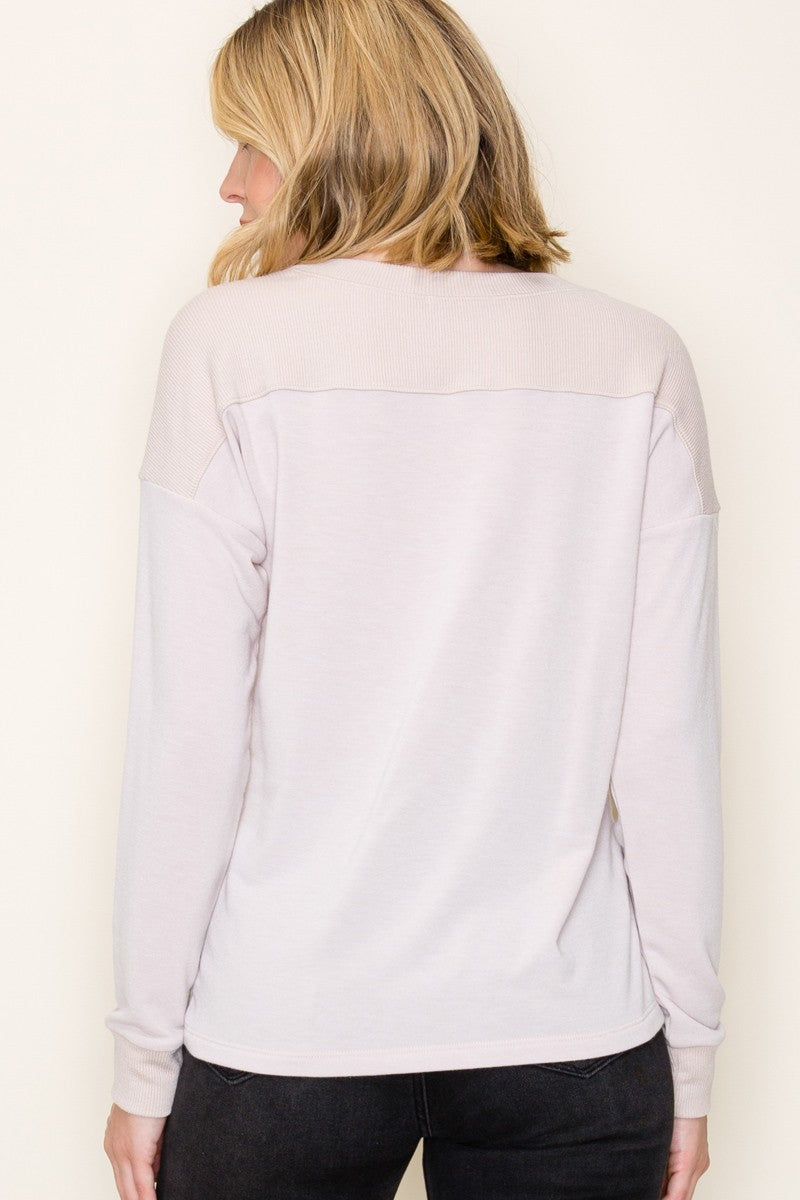 Cream V-Neck Knit Long Sleeve Top