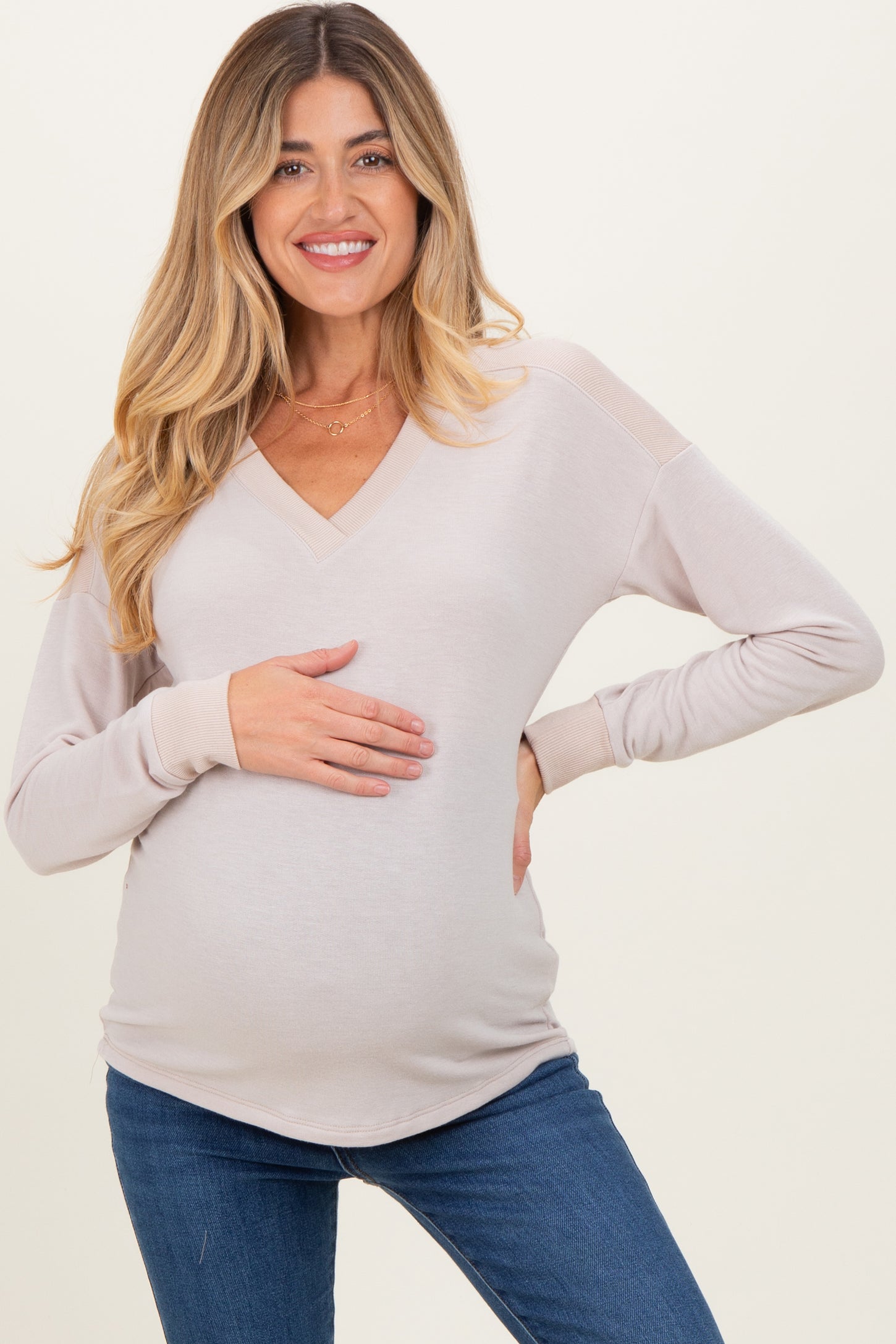 Cream V-Neck Knit Maternity Long Sleeve Top