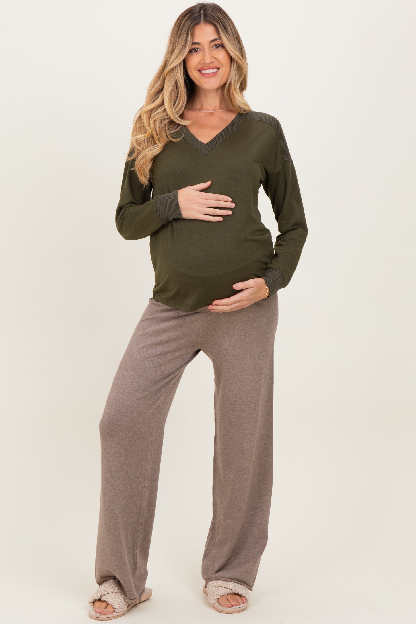 Olive V-Neck Knit Maternity Long Sleeve Top