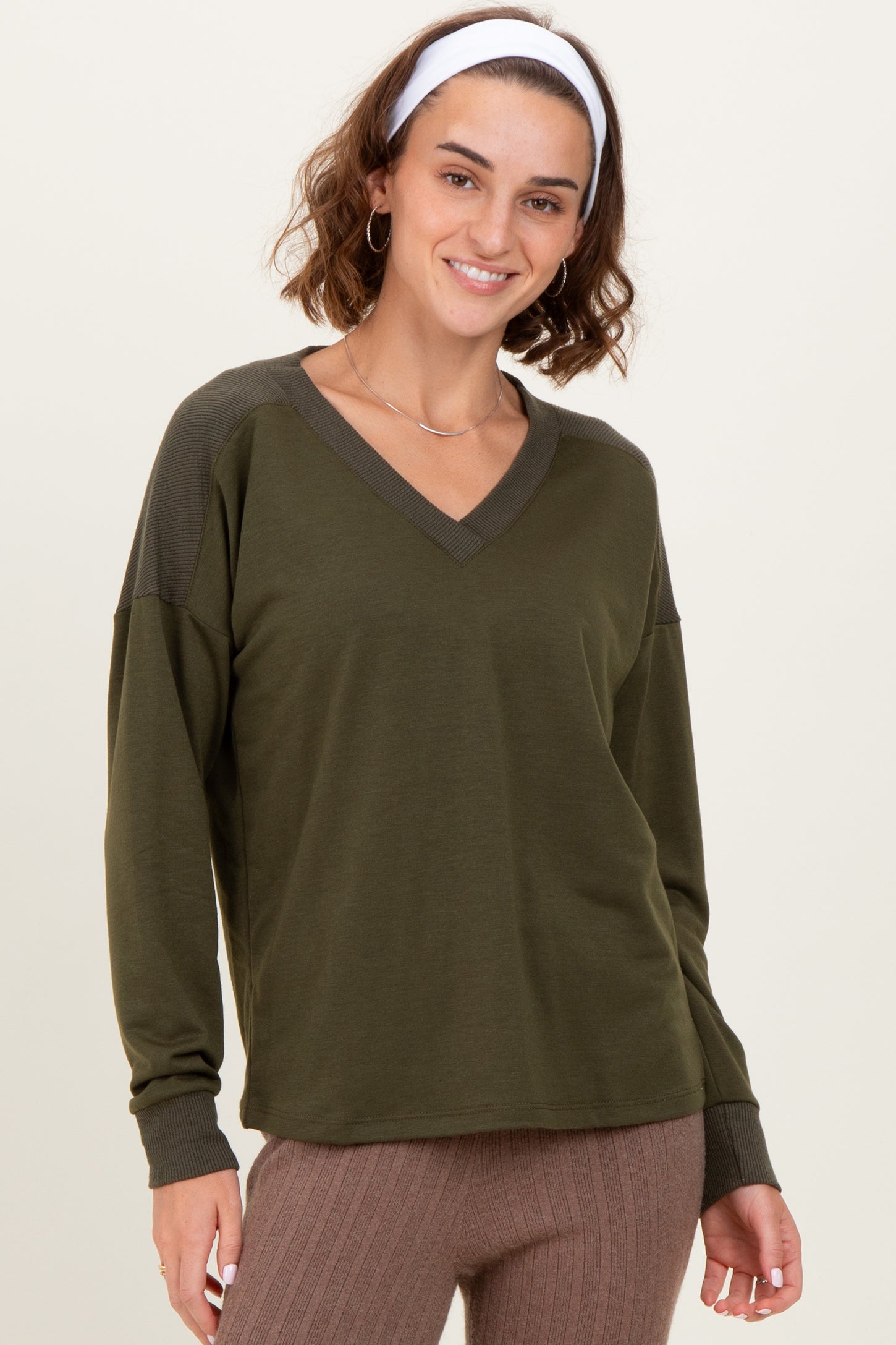 Olive V-Neck Knit Maternity Long Sleeve Top
