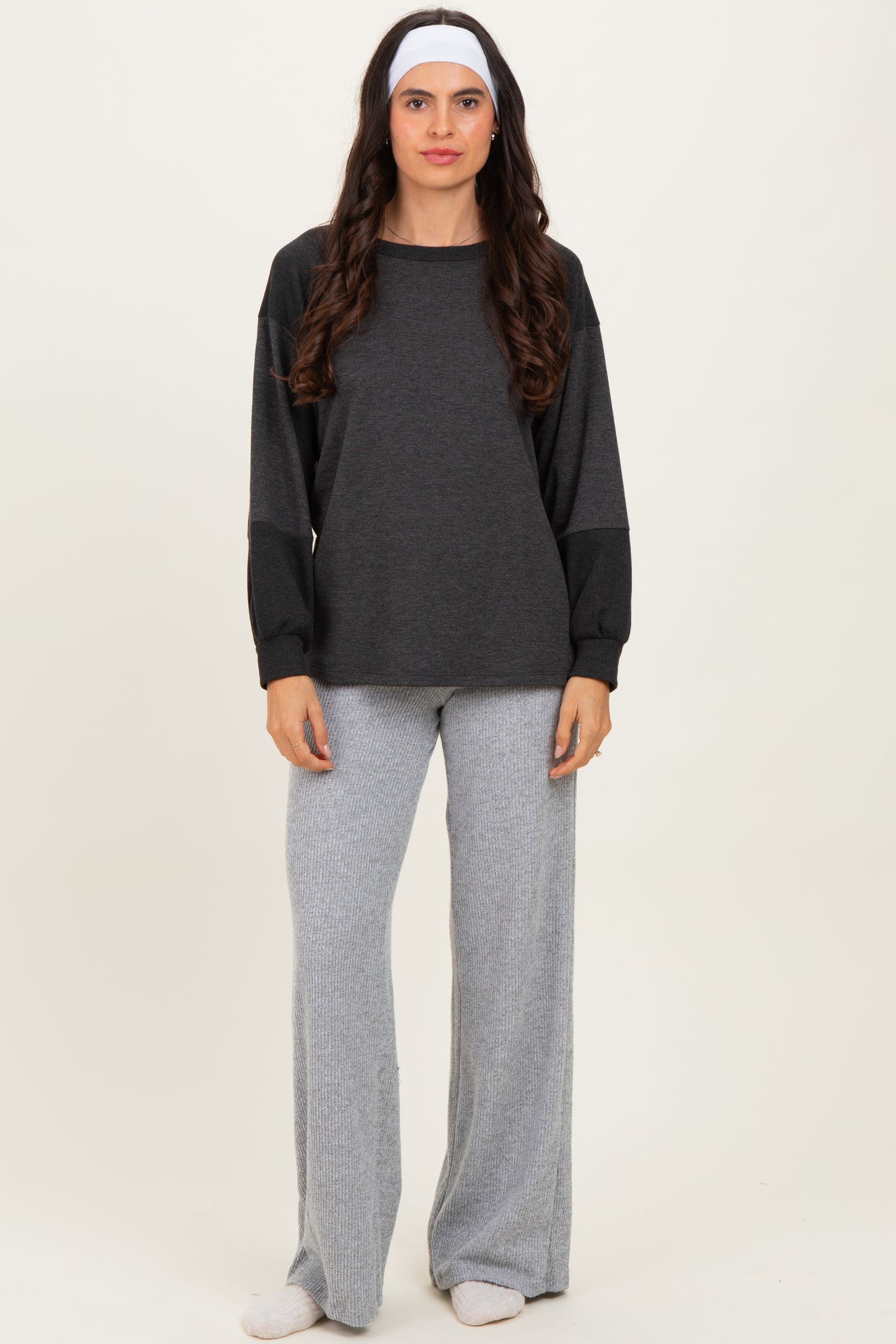 Charcoal Ribbed Bubble Sleeve Top