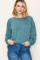 Teal Ribbed Bubble Sleeve Top