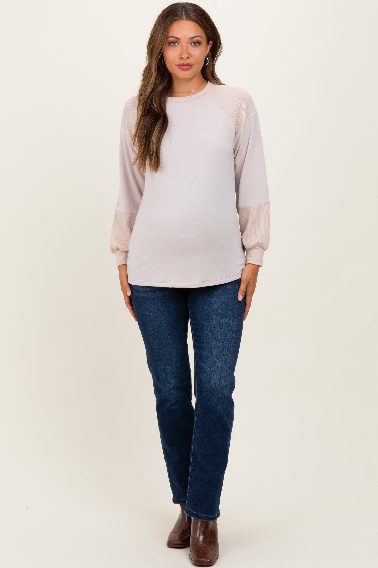 Cream Ribbed Bubble Sleeve Maternity Top