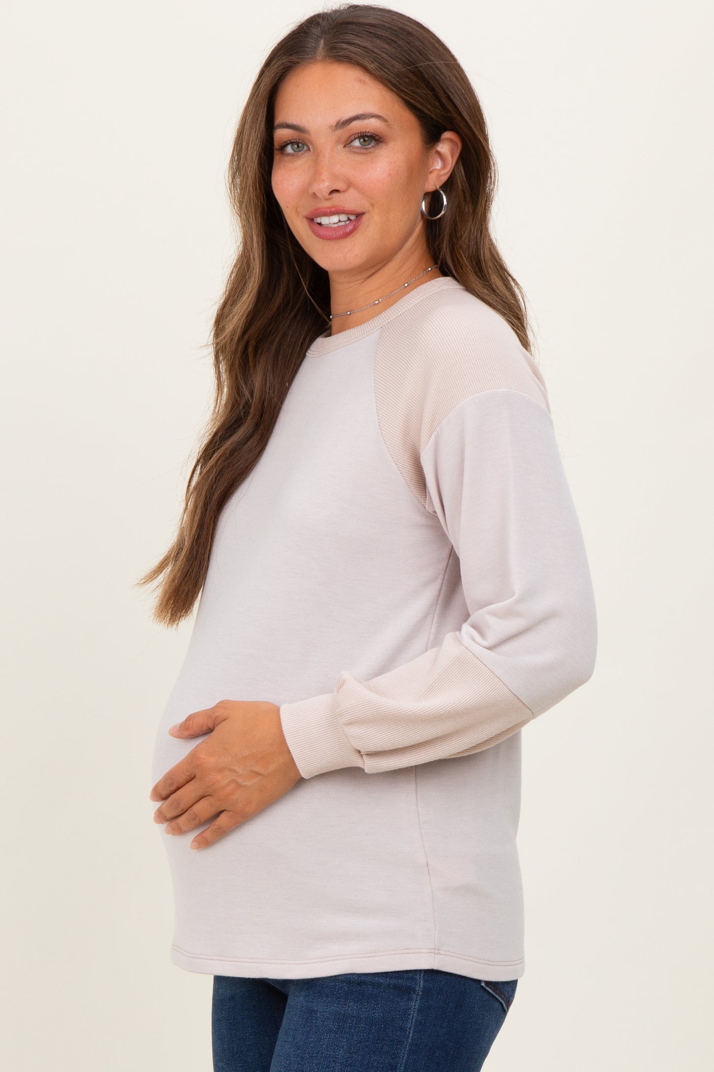 Cream Ribbed Bubble Sleeve Maternity Top