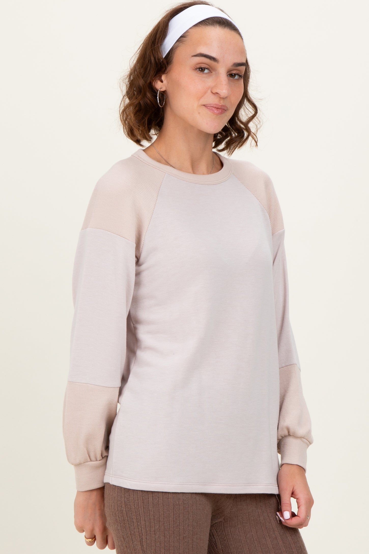 Cream Ribbed Bubble Sleeve Top