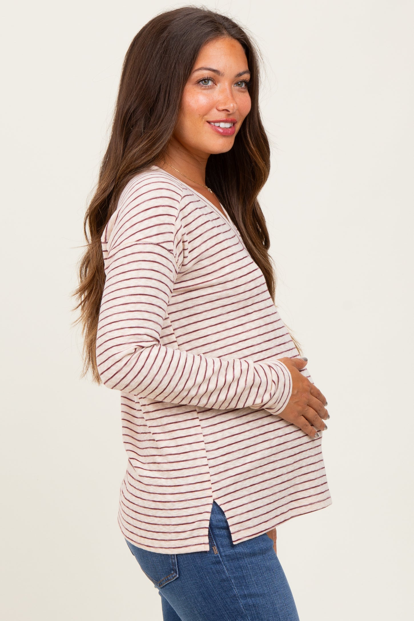 Burgundy Striped V-Neck Maternity Long Sleeve Top