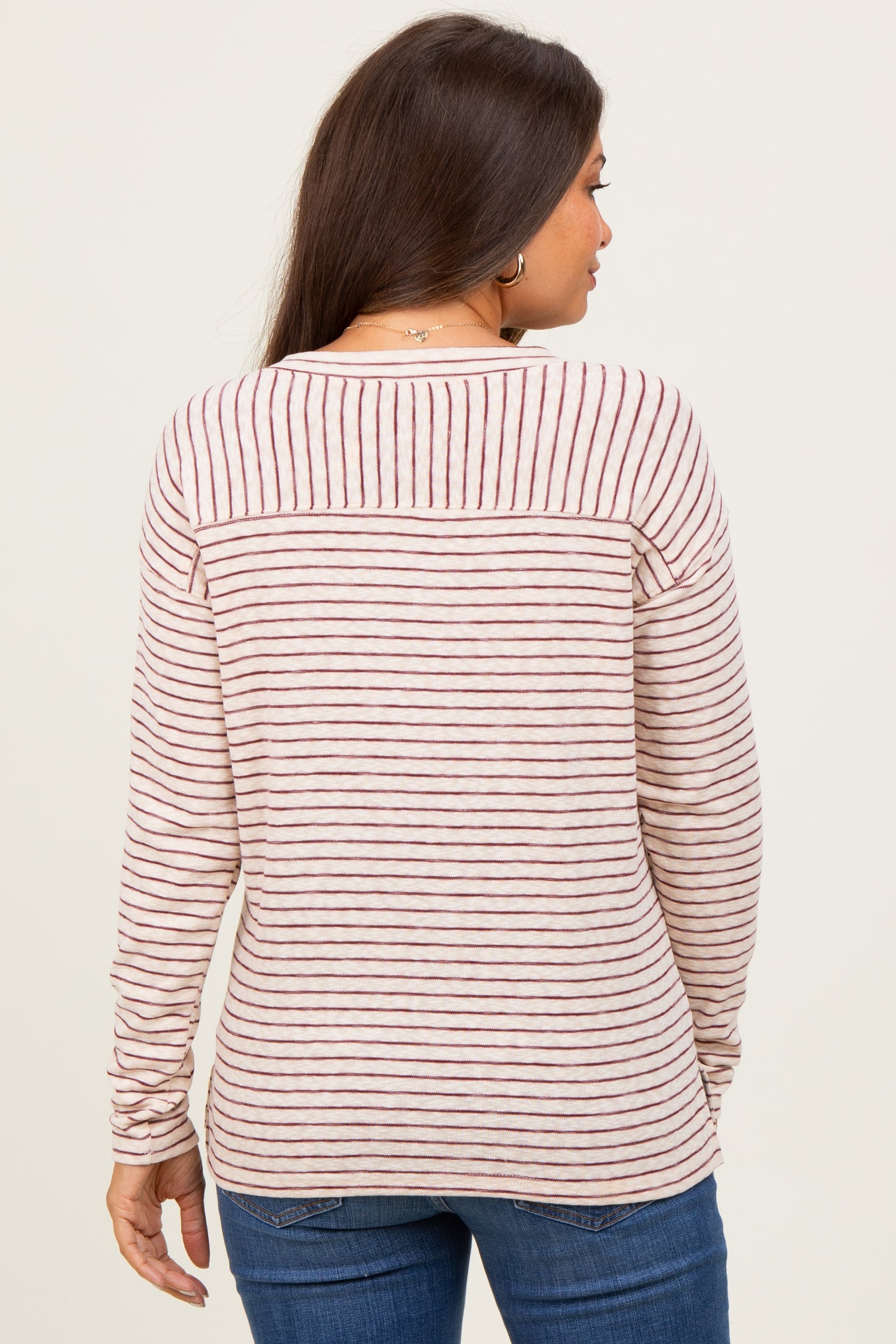 Burgundy Striped V-Neck Maternity Long Sleeve Top