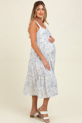 Blue Floral Tiered Sleeveless Maternity Midi Dress