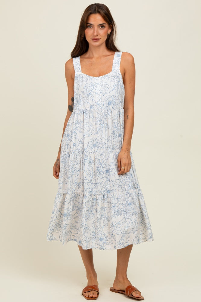 blue floral sleeveless chiffon tiered midi dress Floral Meta Chiffon Tiered Halter Midi Dress In Blue Multi, Blue Multi / Regular / M