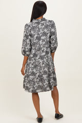 Black Floral Button Down 3/4 Sleeve Midi Dress