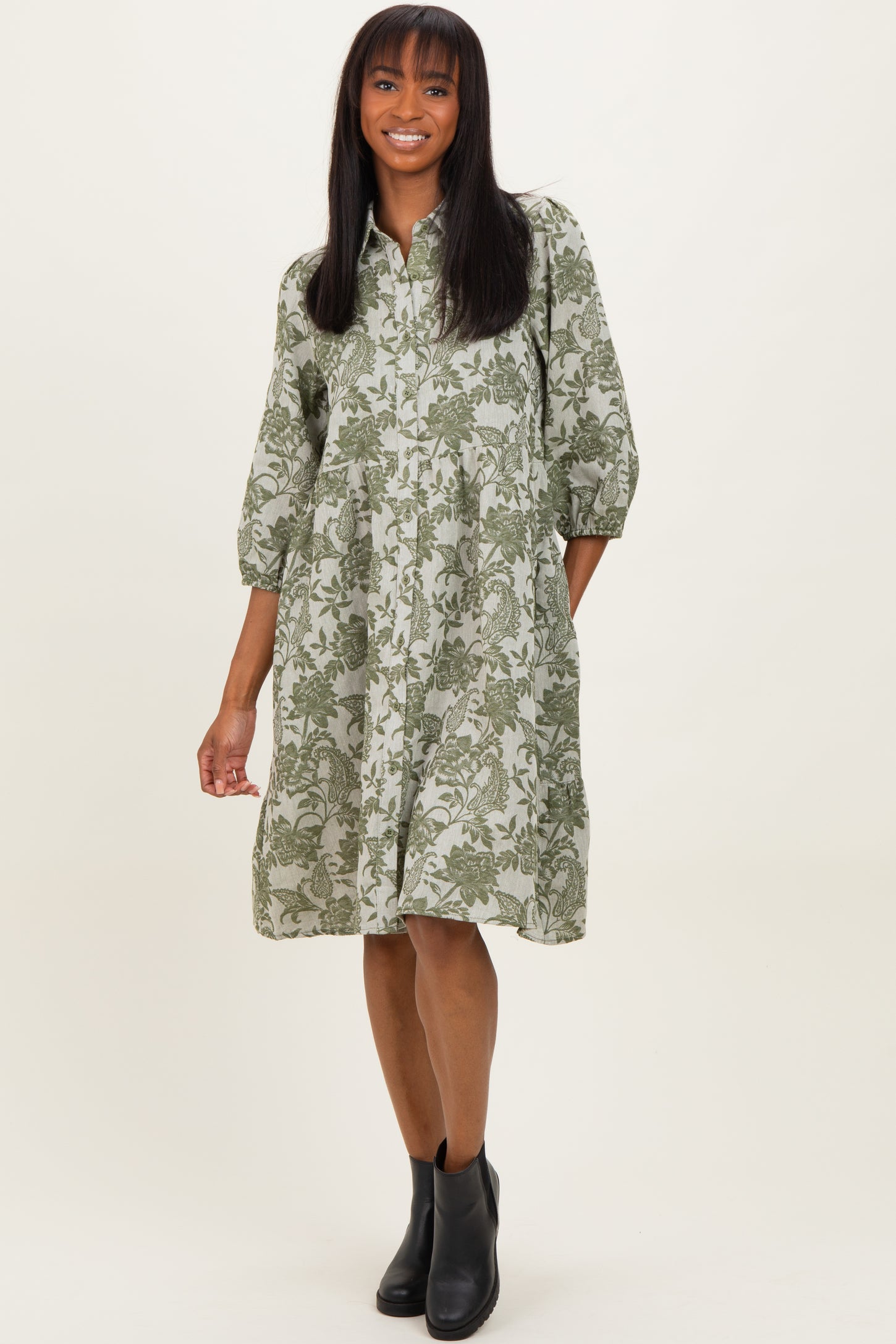 Olive Floral Button 3/4 Long Sleeve Midi Dress Olive Floral Button 3/4 Long Sleeve Midi Dress
