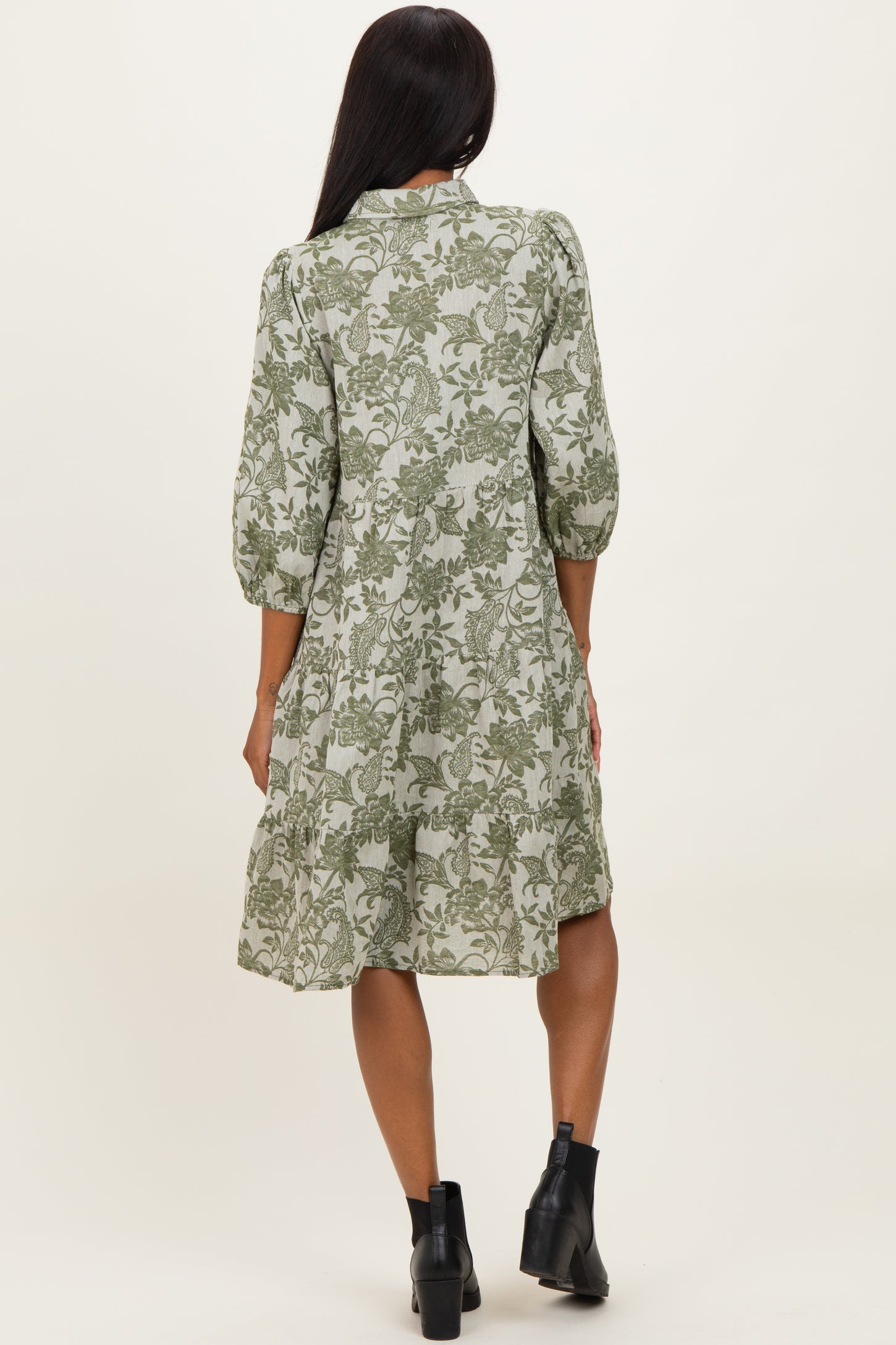 Olive Floral Button 3/4 Long Sleeve Midi Dress