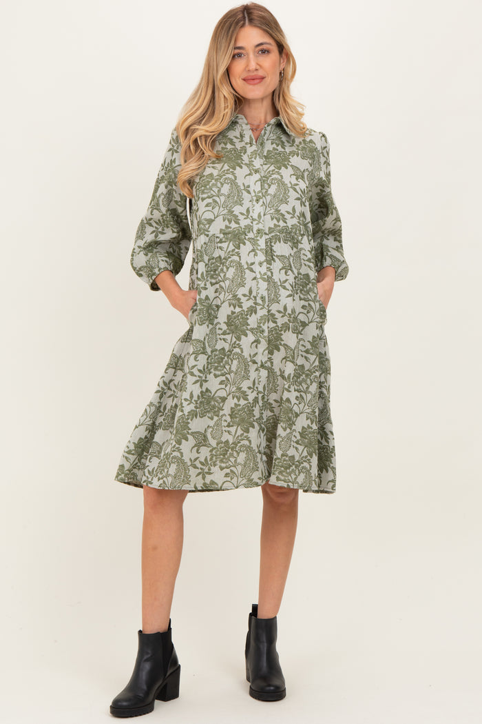 Olive Floral Button Down 3/4 Sleeve Maternity Midi Dress