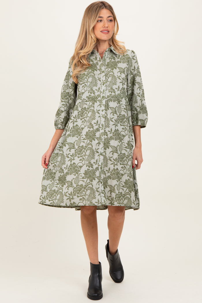 Olive Floral Button Down 3/4 Sleeve Maternity Midi Dress