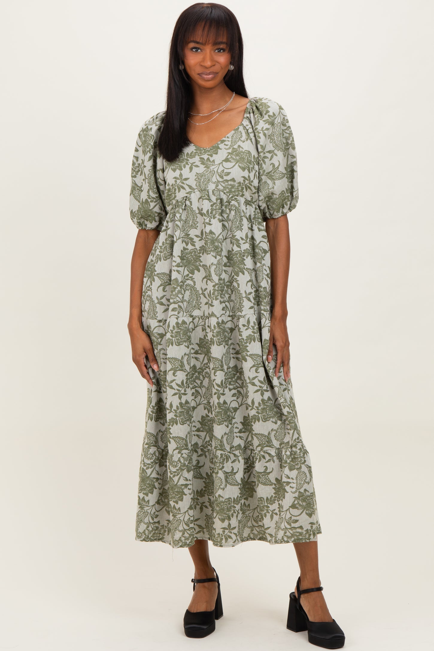 midi dress with 3/4 sleeves Green Floral V-Neck 3/4 Sleeve Midi Dress