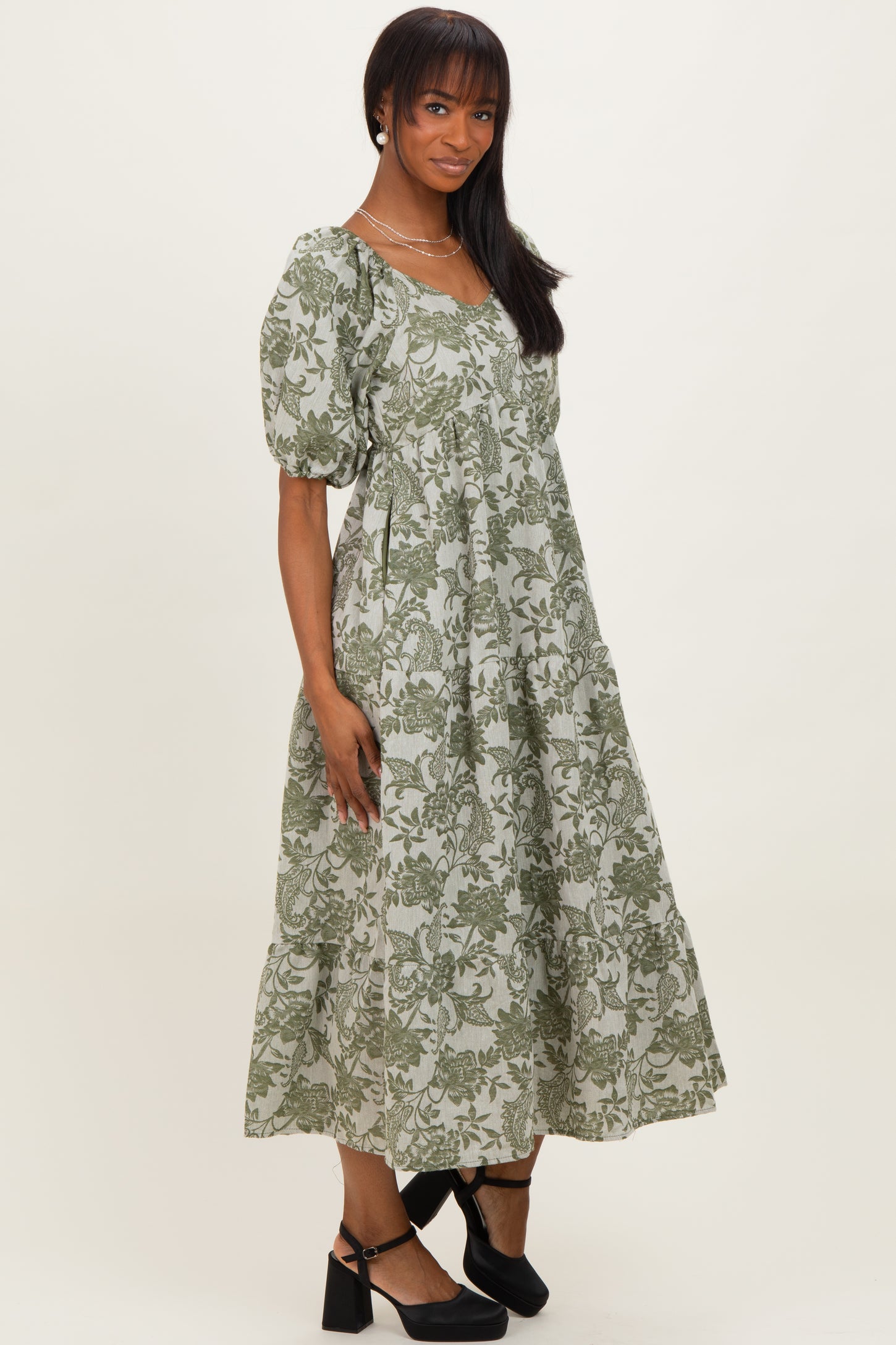 Green Floral V-Neck 3/4 Sleeve Midi Dress