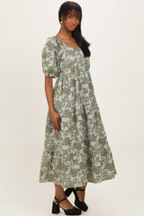 Green Floral V-Neck 3/4 Sleeve Midi Dress