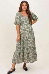 Olive Floral V-Neck 3/4 Sleeve Maternity Midi Dress