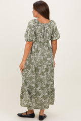Olive Floral V-Neck 3/4 Sleeve Maternity Midi Dress
