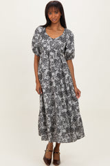 Black Floral V-Neck 3/4 Sleeve Midi Dress