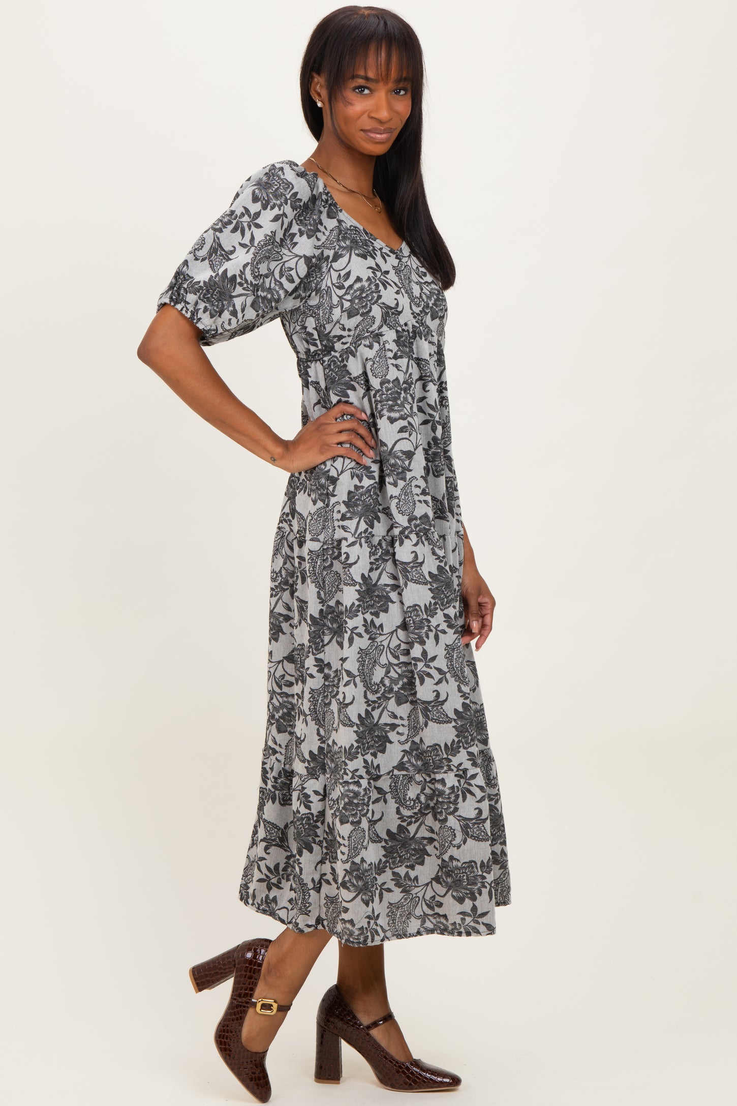 Black Floral V-Neck 3/4 Sleeve Midi Dress