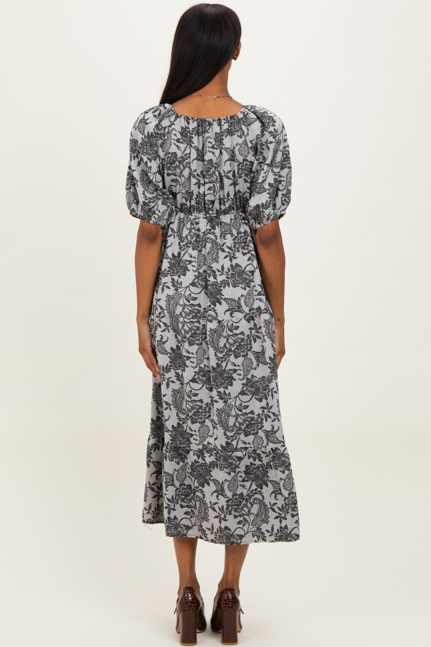 Black Floral V-Neck 3/4 Sleeve Midi Dress